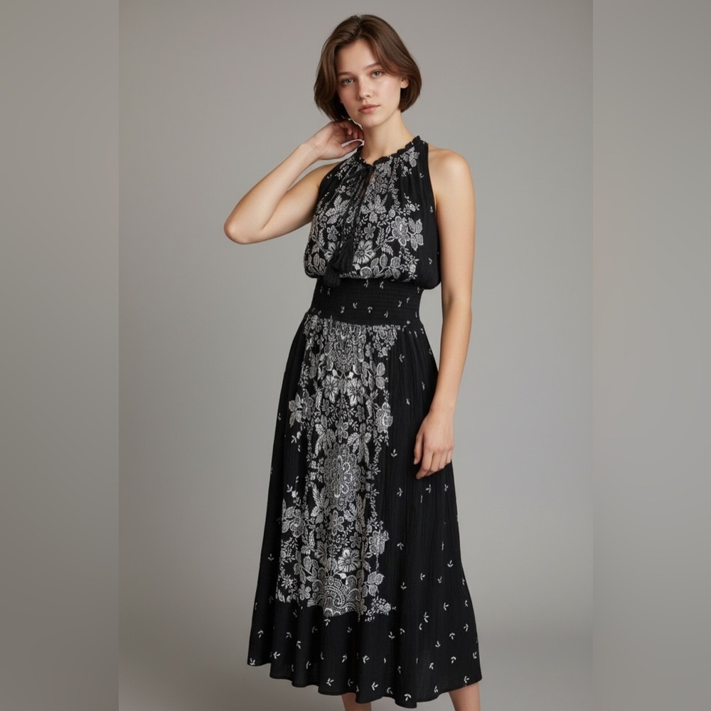 BILA dress, black and white, blouson sz L, sleeveless, crinkle crepe fabric,.